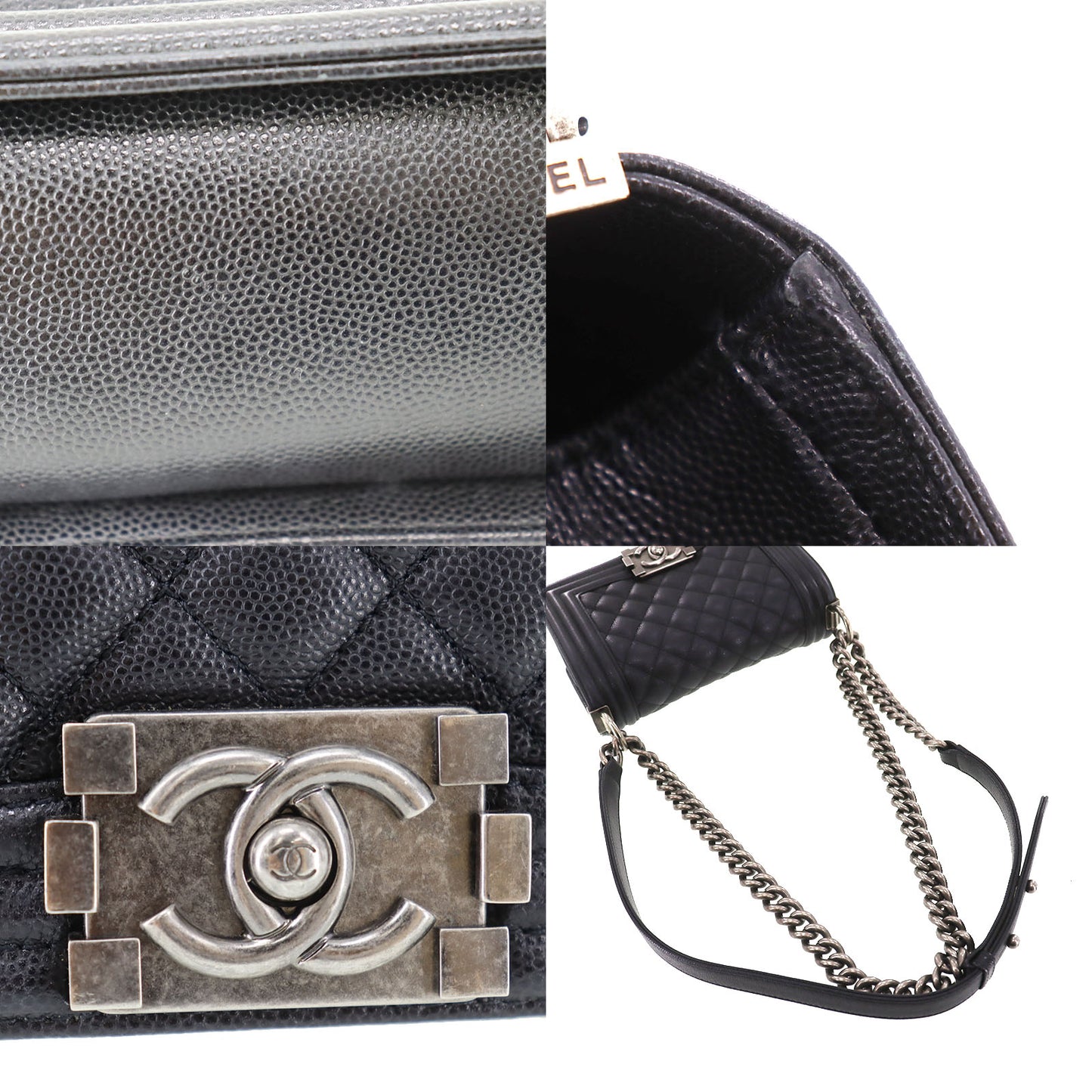 CHANEL Used BOY CHANEL Shoulder Bag Black Caviar Skin Leather Vintage #DA571