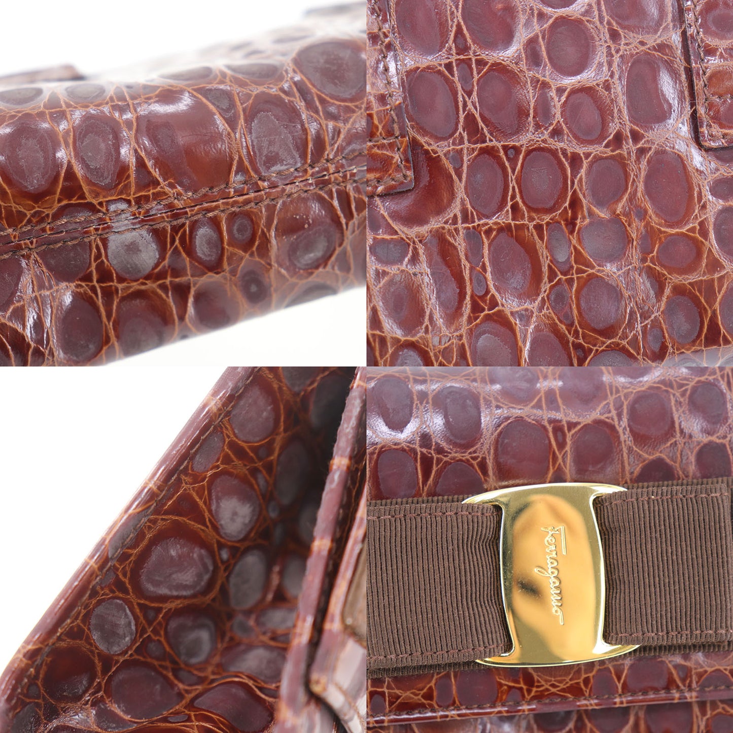 Salvatore Ferragamo Vara Mini Shoulder Bag Brown Embossed Leather #AH47