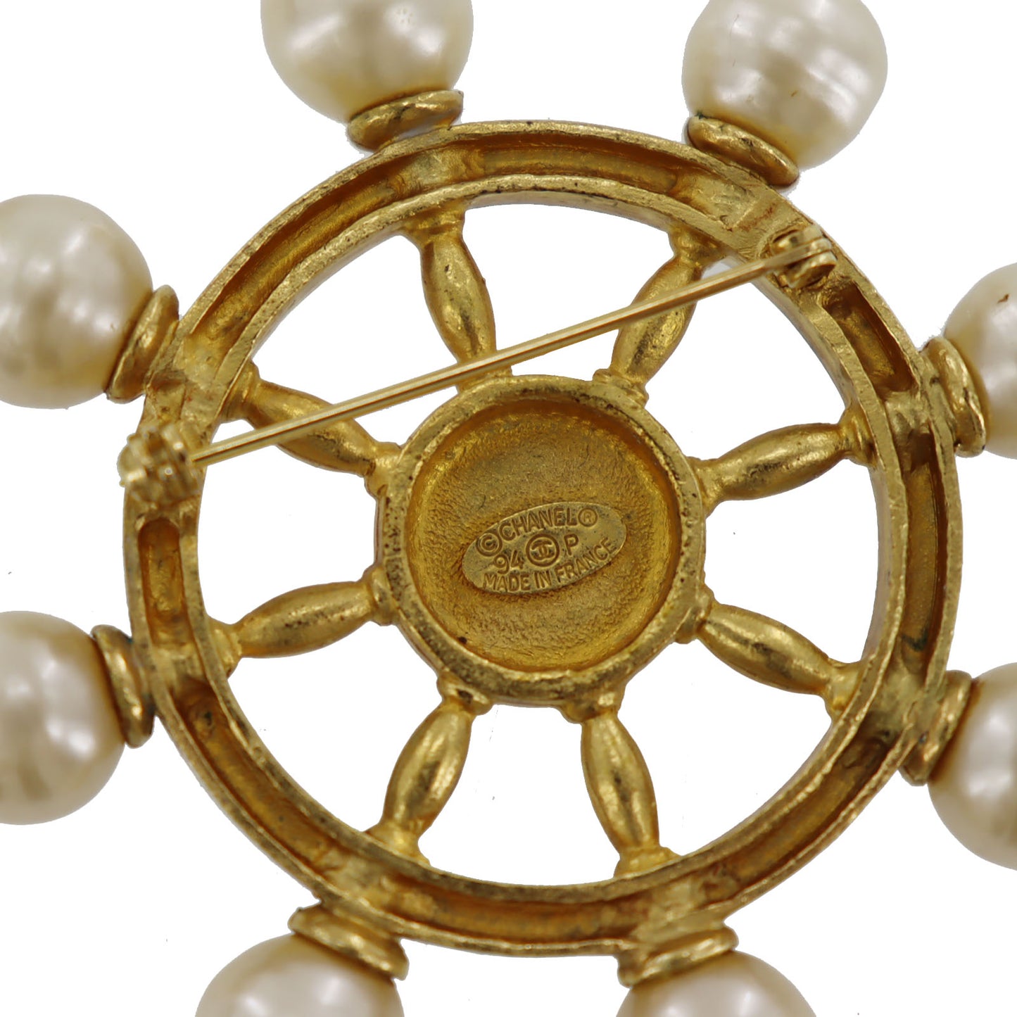 CHANEL CC Logos Rudder Pin Brooch Gold Plated Pearl 94P #BX377