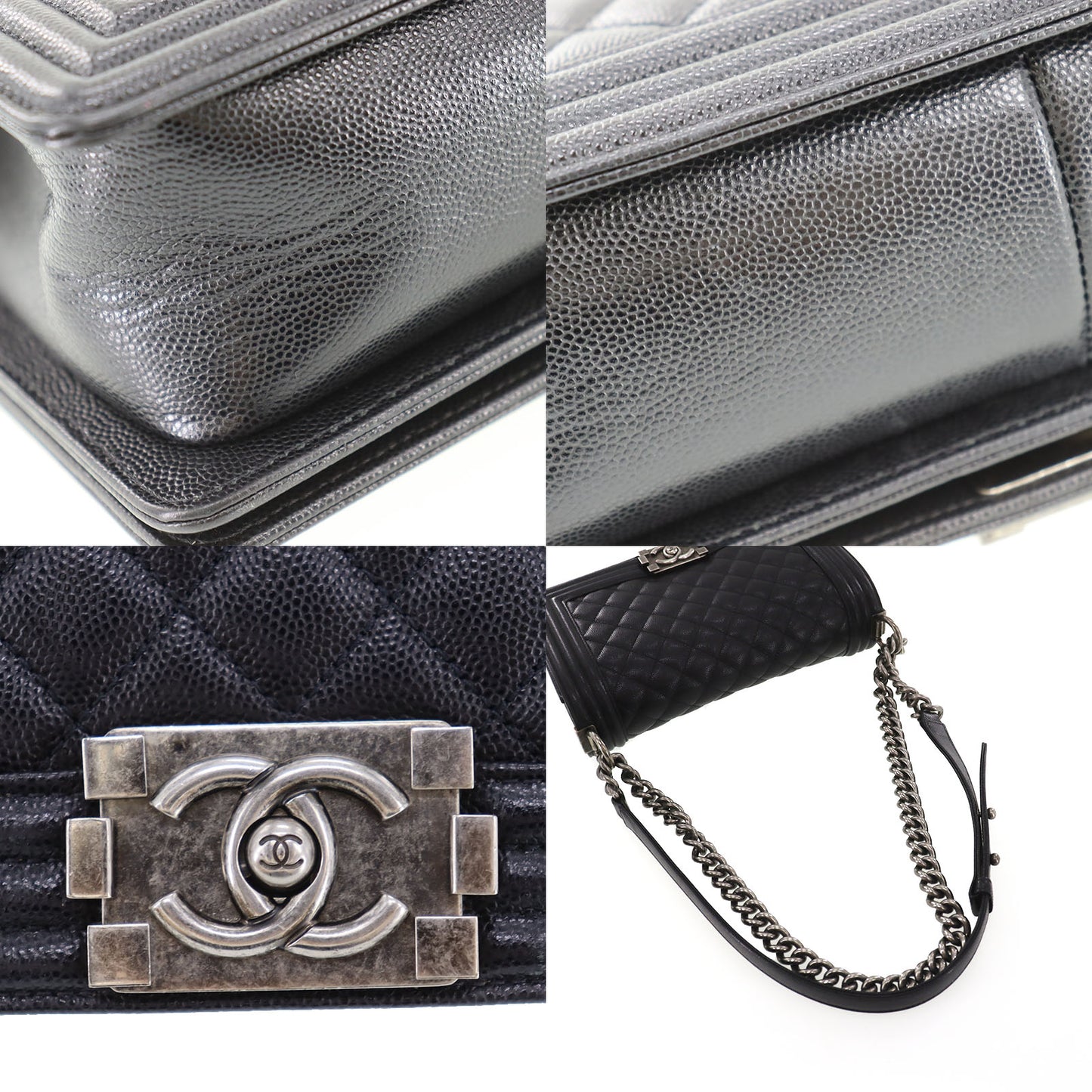 CHANEL Used BOY CHANEL Shoulder Bag Black Caviar Skin Leather Vintage #DA572