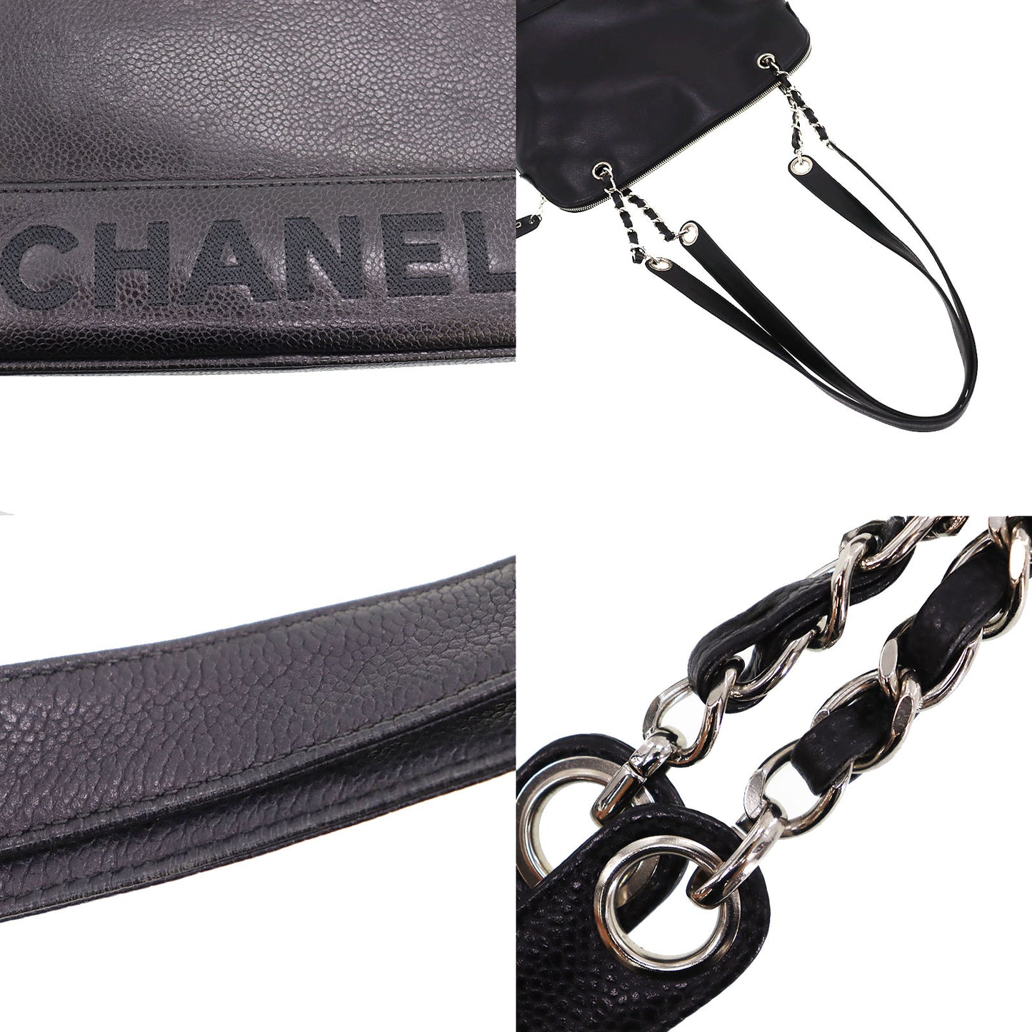 CHANEL Logos Shoulder Bag Black Caviar Skin Leather #CJ841