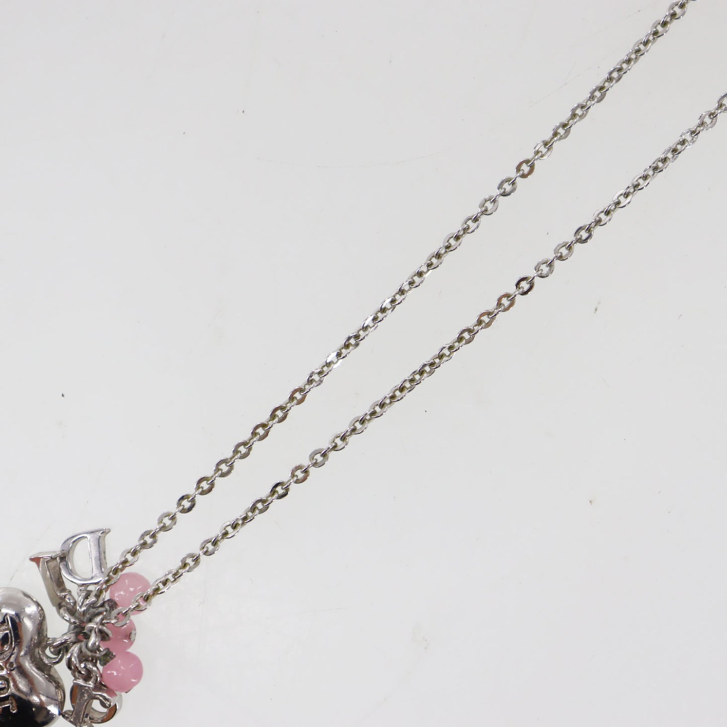 Christian Dior Logo Heart Beads Chain Necklace Silver #CW497