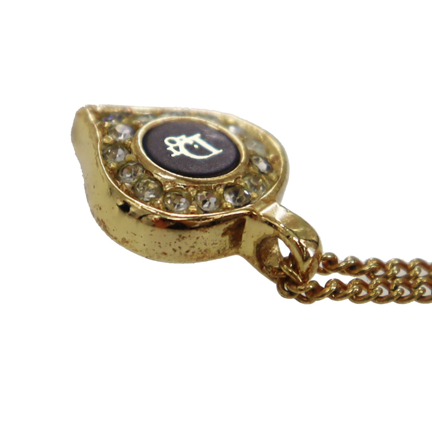 Christian Dior CD Logo Rhinestone Chain Necklace Gold #CB169