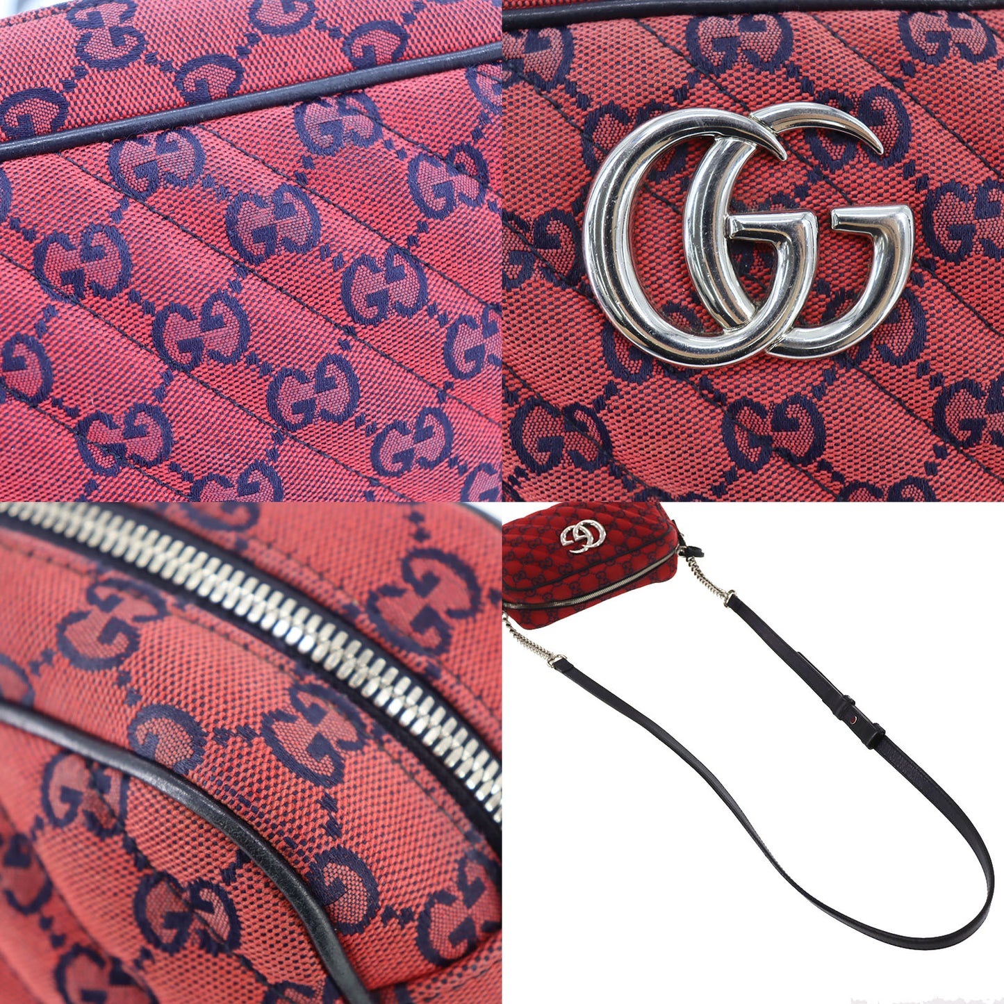 GUCCI GG Marmont Chain Shoulder Bag Red Canvas #CT79