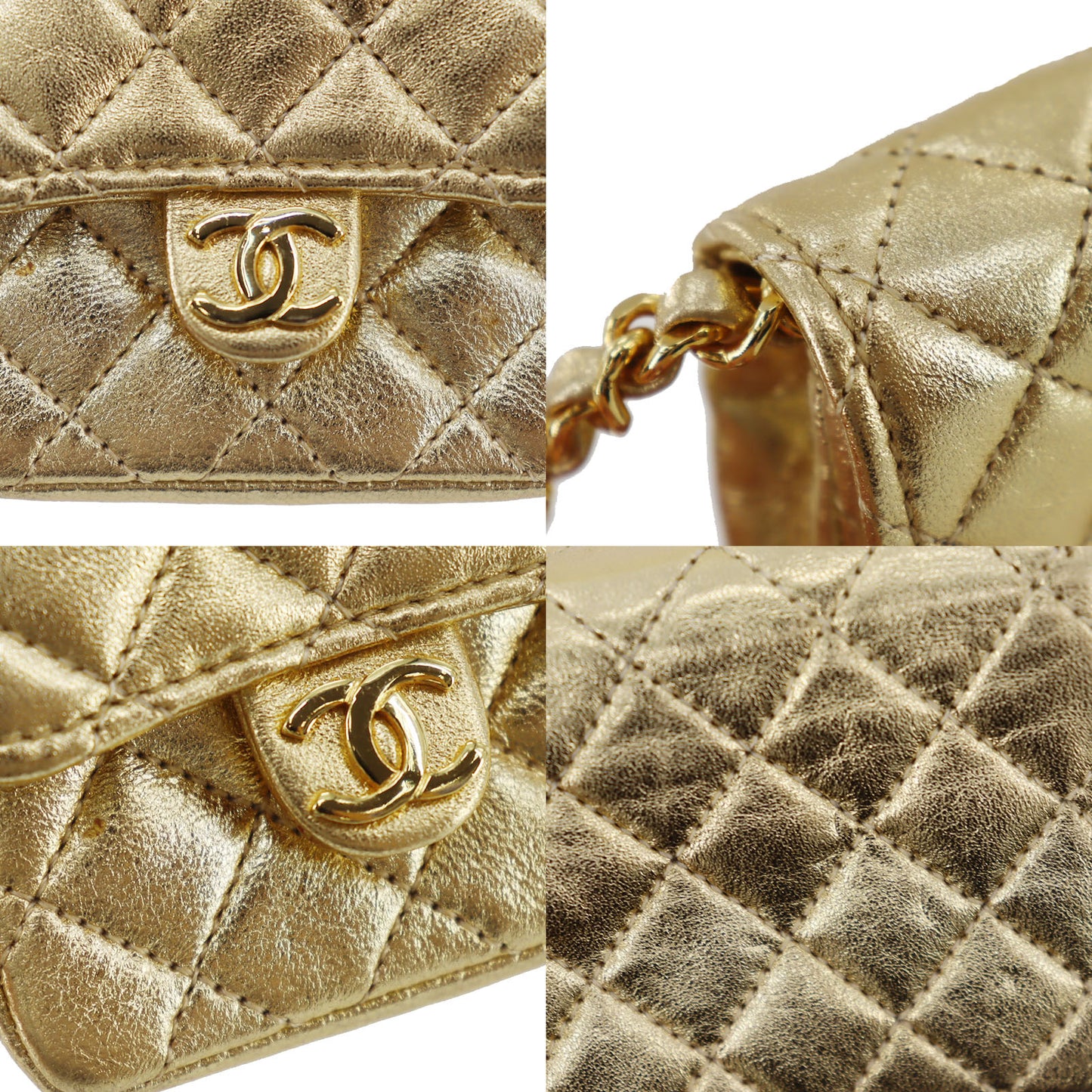 CHANEL Mini Matelasse Used Shoulder Bag Gold Lambskin Leather #CU68