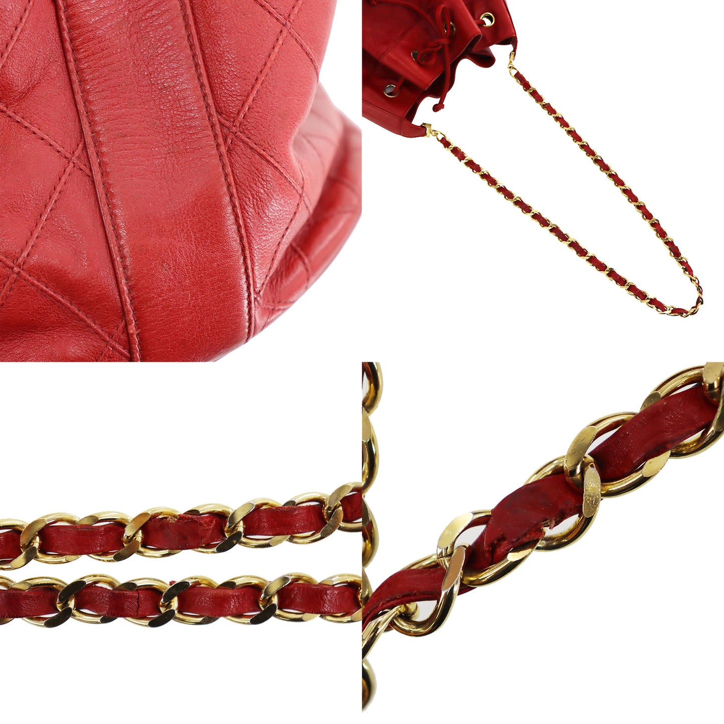 CHANEL Bicolore Chain Drawstring Shoulder Bag Red Leather #AH631