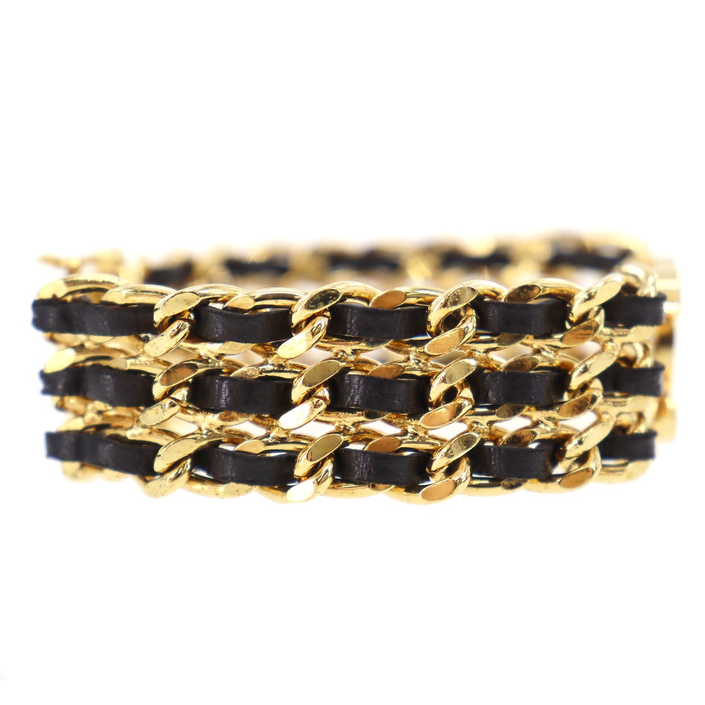 CHANEL CC Logos Chain Bracelet Gold Plated Black Leather 97A #BQ134