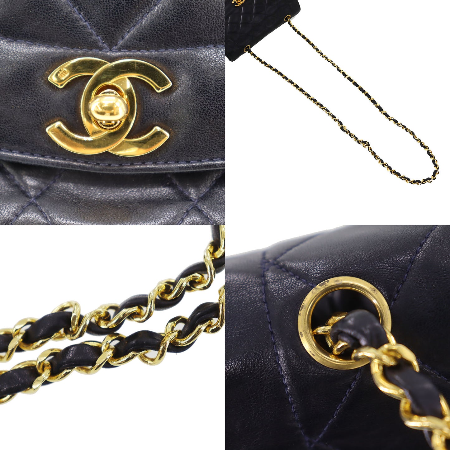 CHANEL Diana Matelasse 22 Used Shoulder Bag Navy Lambskin Vintage #CP684