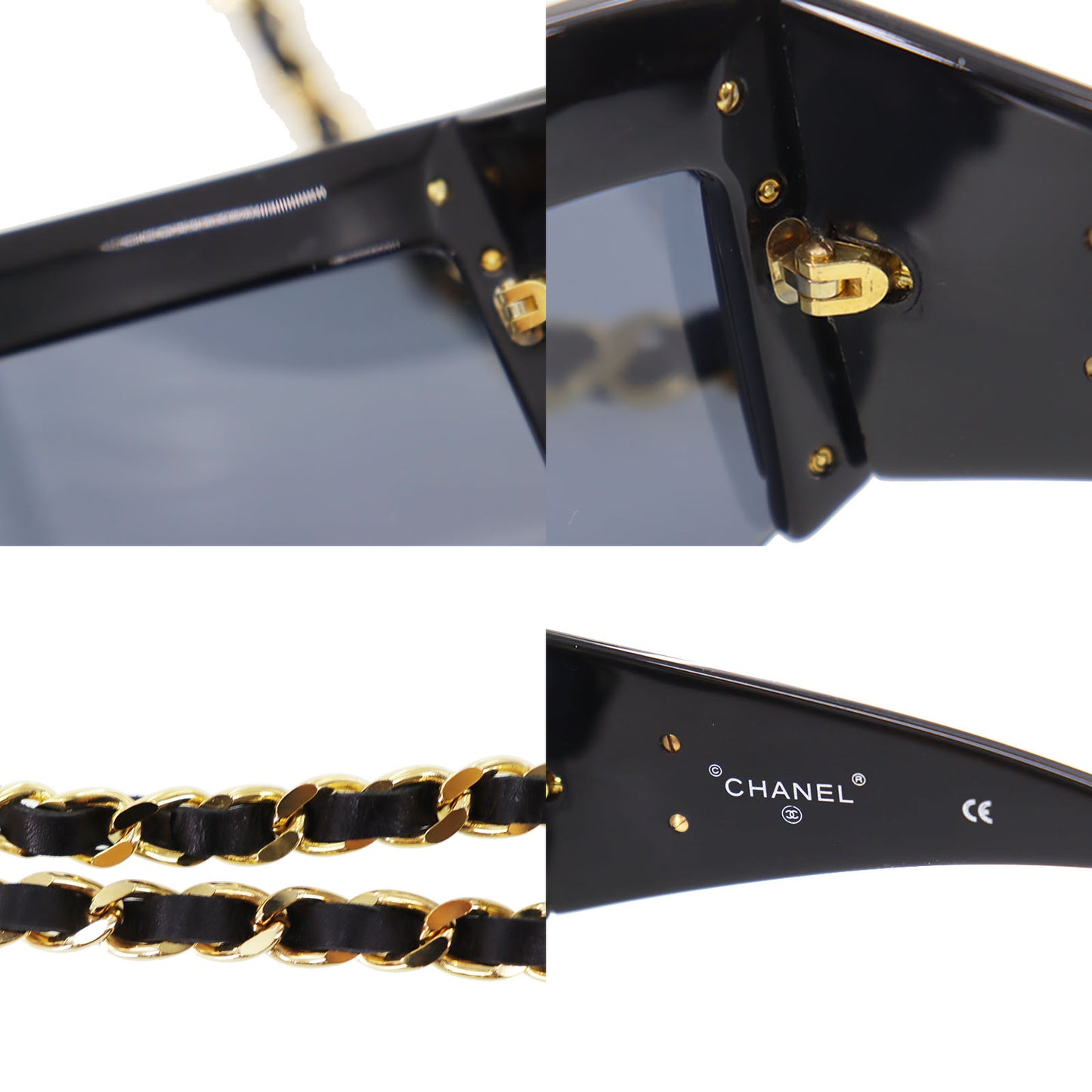 CHANEL Chain Sunglasses Black Shield Eye Wear #CT757