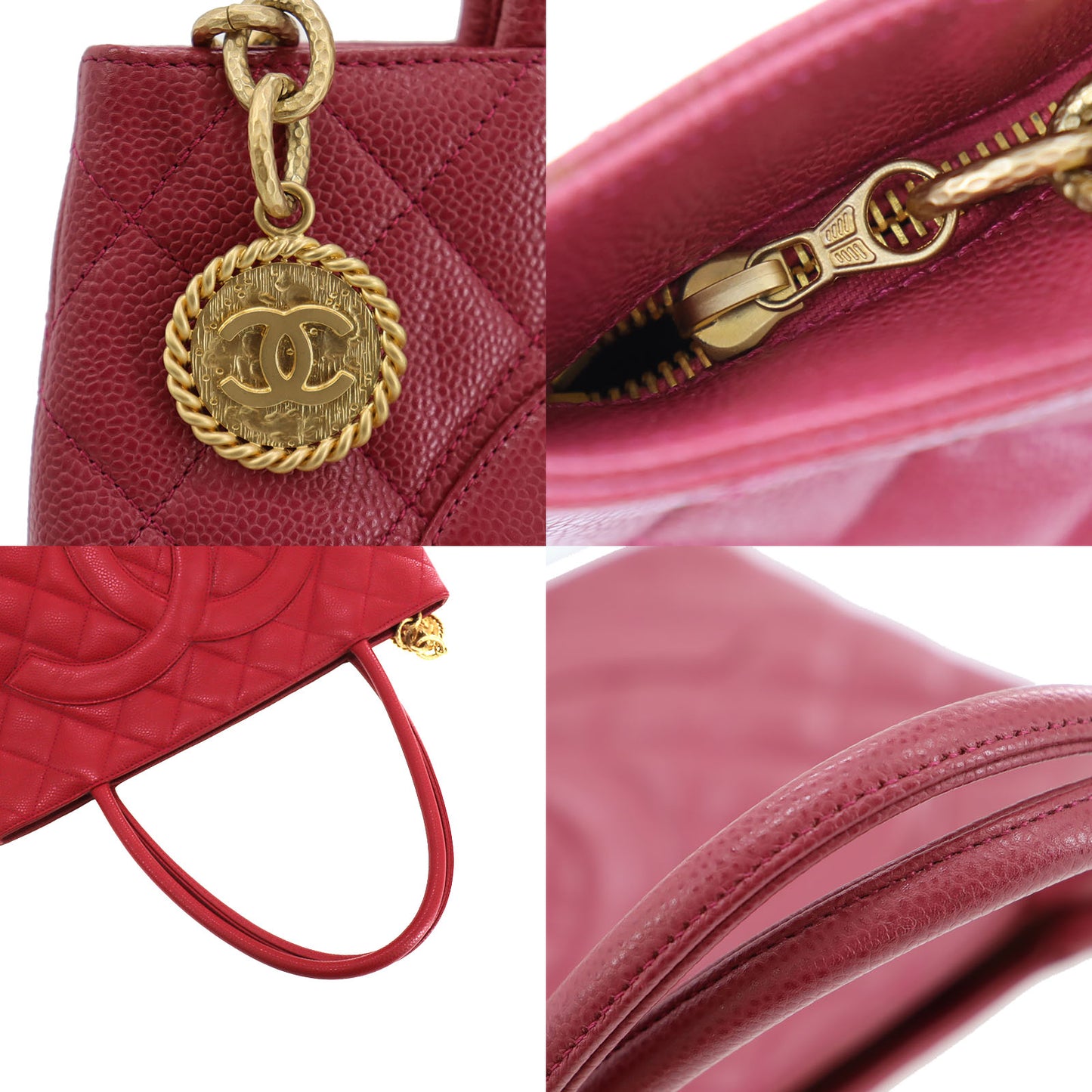 CHANEL Matelasse Tote Handbag Red Caviar Skin Leather #CB658