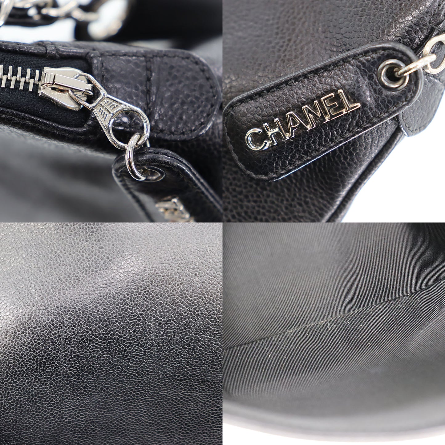 CHANEL Logos Shoulder Bag Black Caviar Skin Leather #CJ841