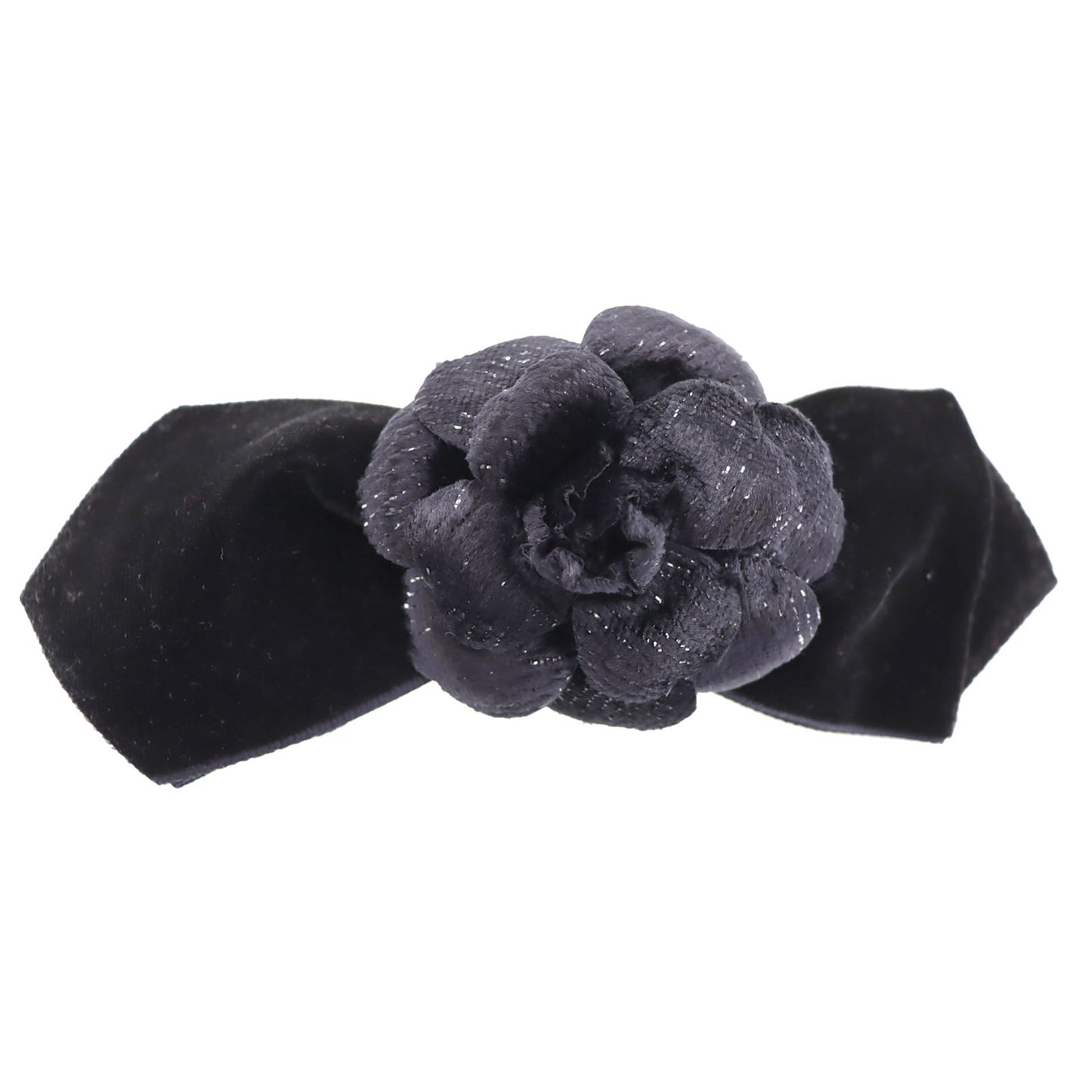 CHANEL Barrette Camellia Ribbon Black Suede #AH305