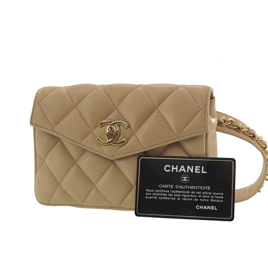 CHANEL Quilted Bum Bag Beige Lambskin Leather #AE399