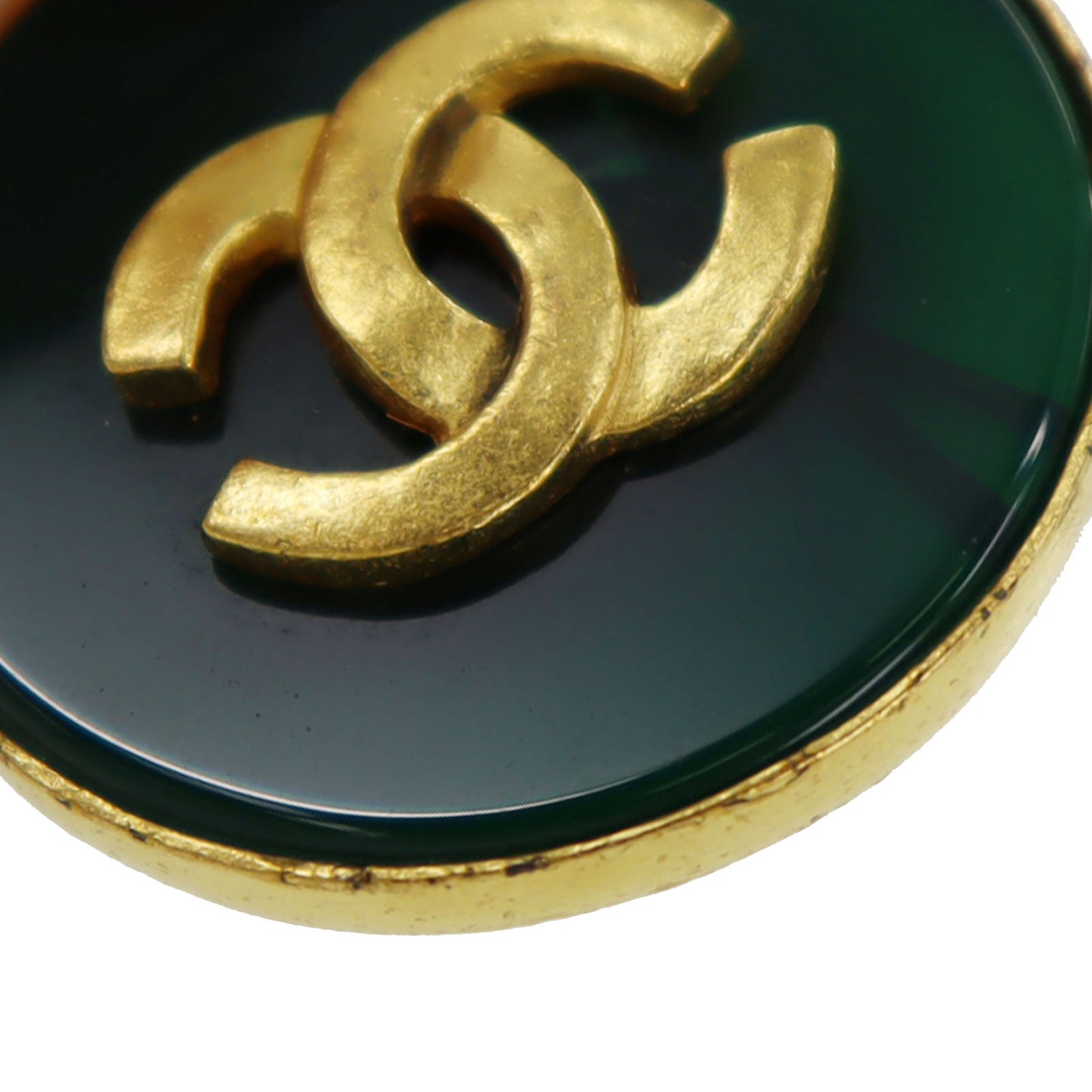 CHANEL Logos Earrings Gold Green Clip-On 95A #AG178